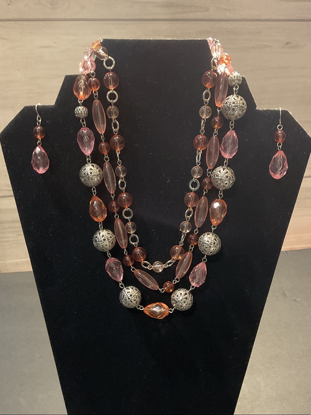 Multi-Strand Pink and Amber Beaded Necklace Set